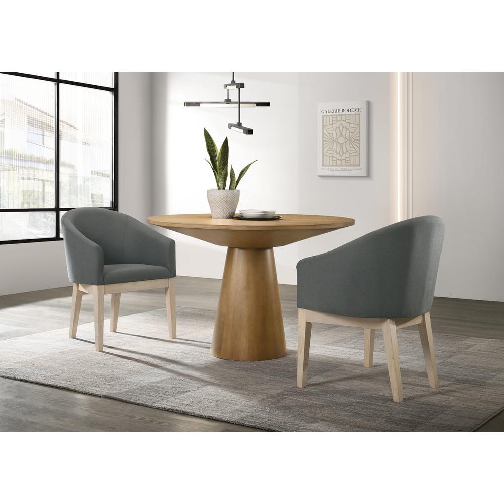 Driftwood Finish 3 Piece 47" Round Dining Table Set with Gray Barrel Chairs. Picture 4