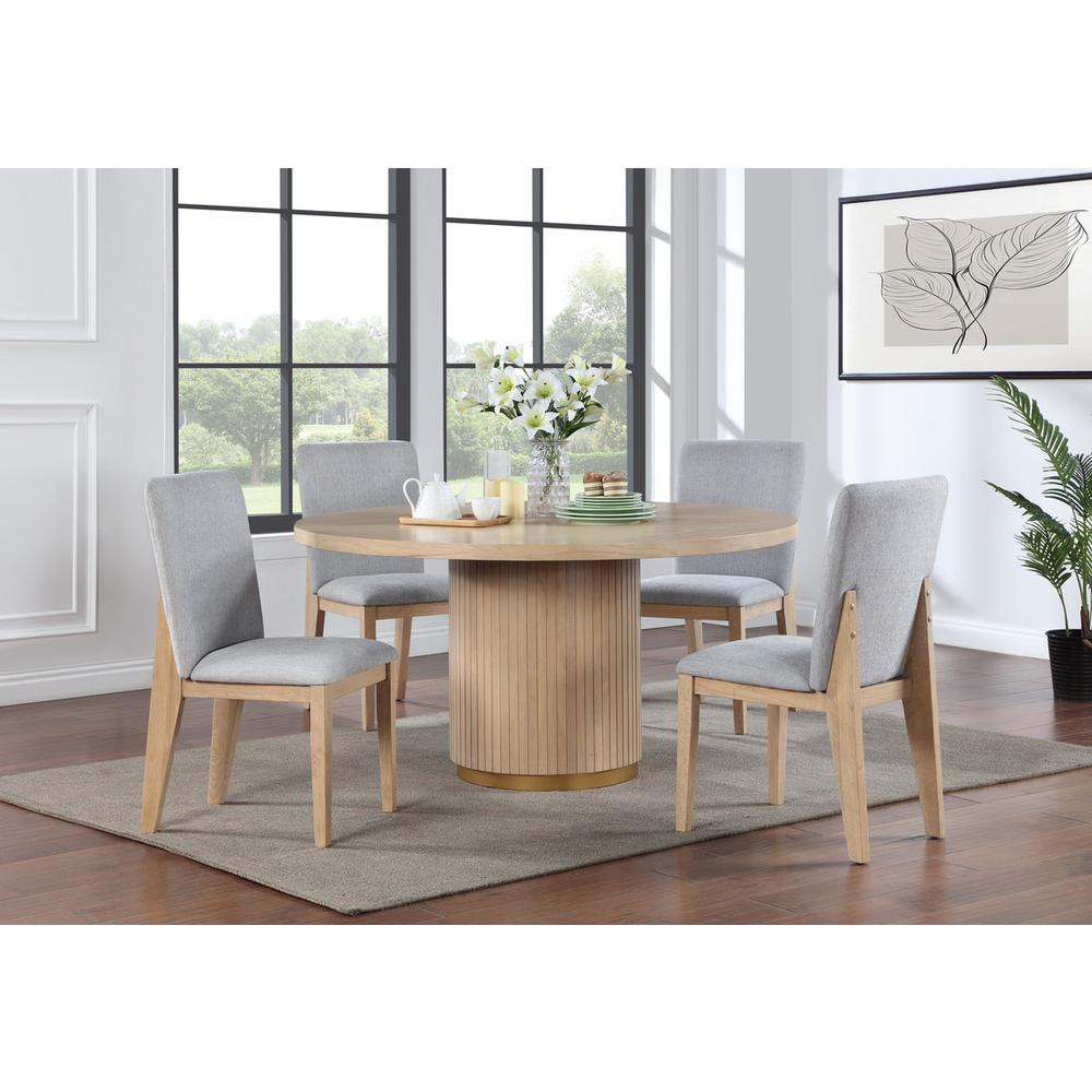 Caspian 5 Piece 59" Round Oak Finish Dining Table Set with Gray Chairs. Picture 4