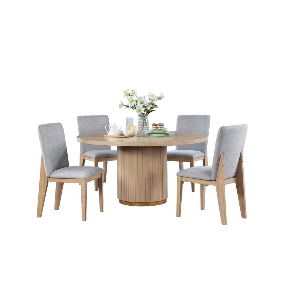 Caspian 5 Piece 59" Round Oak Finish Dining Table Set with Gray Chairs. Picture 1