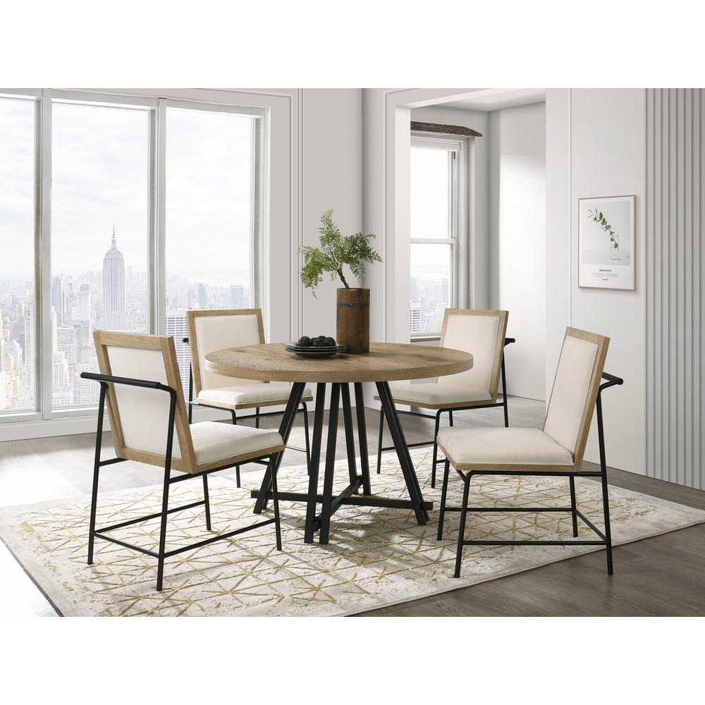 Tate Oak Finish 47" Round Dining Table Set with Cream Color Upholstered Chairs. Picture 4