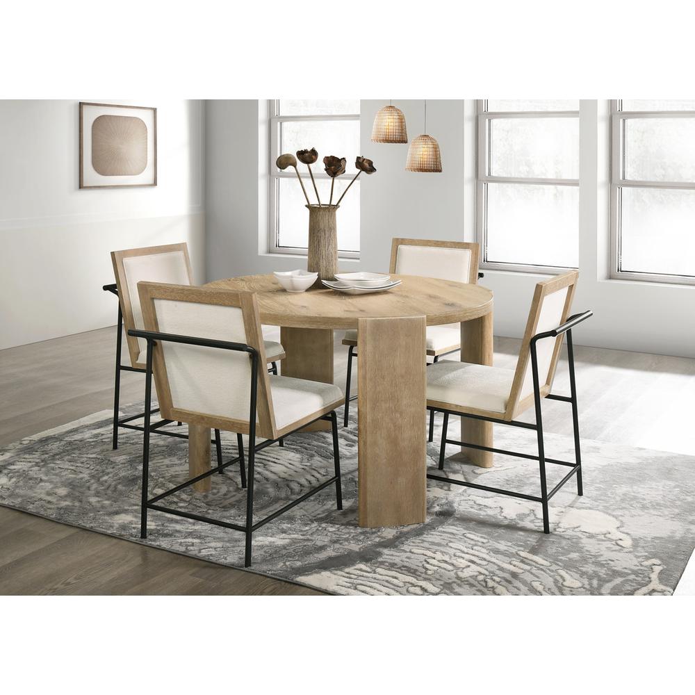 Bowen Oak Finish 47" Round Dining Table Set with Cream Color Upholstered Chairs. Picture 2