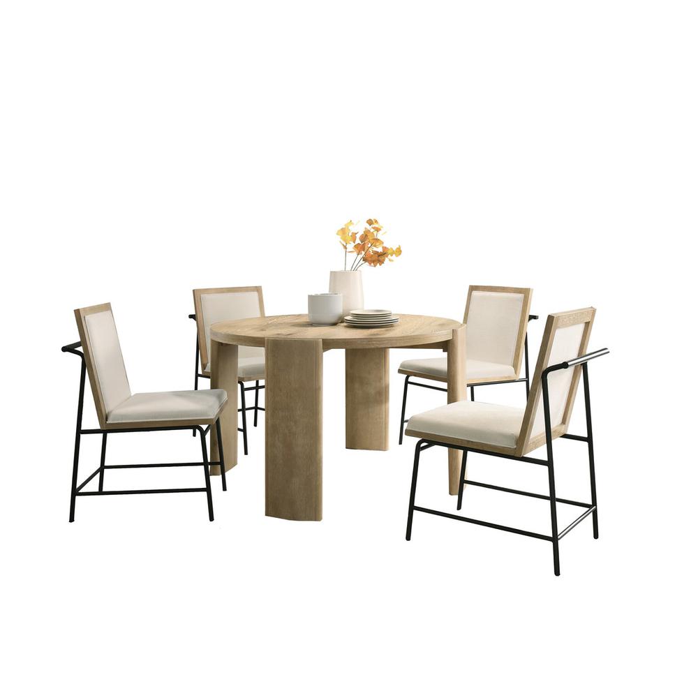 Bowen Oak Finish 47" Round Dining Table Set with Cream Color Upholstered Chairs. Picture 1