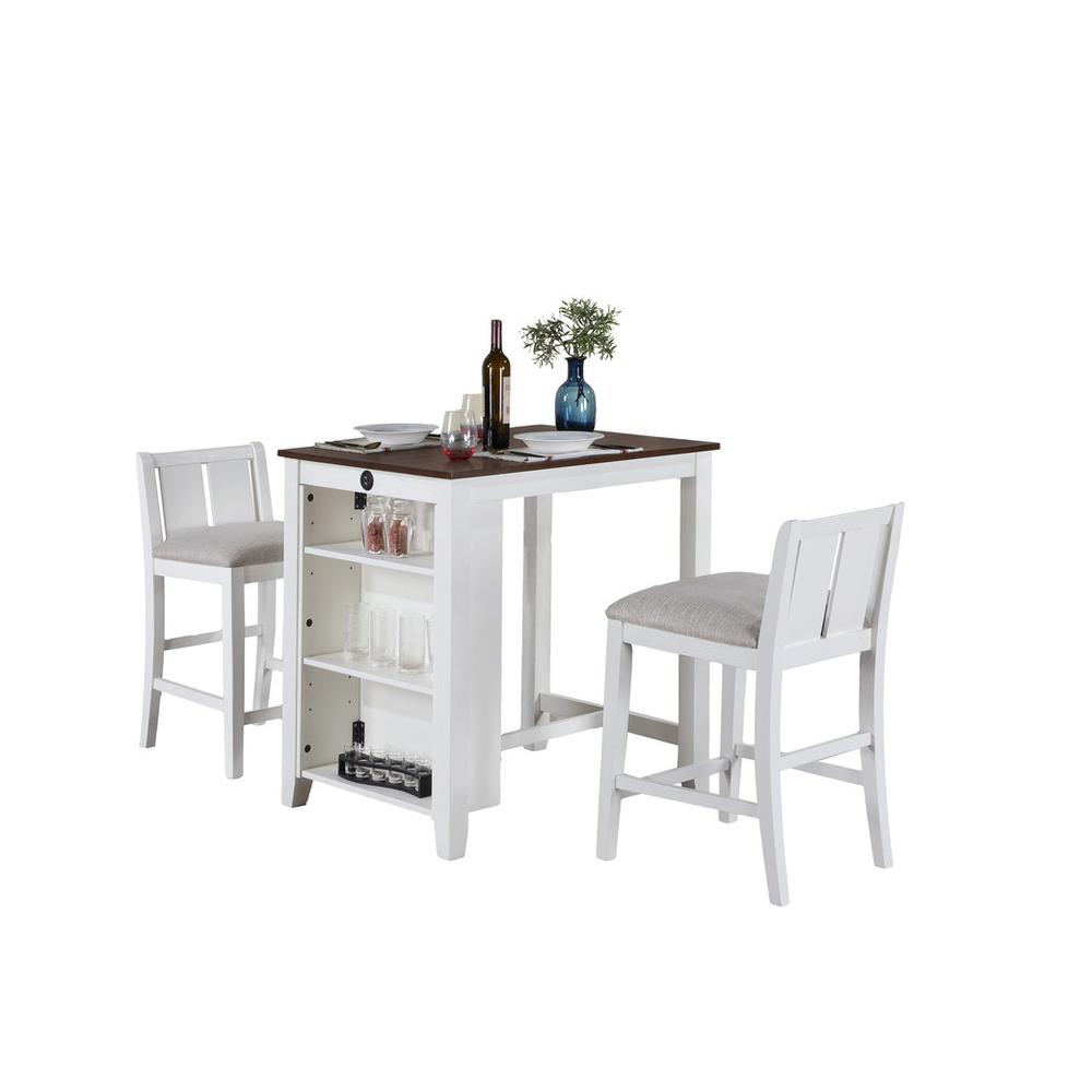 3-Piece White Finish Small Space Counter Height Dining Table with Shelves. Picture 1