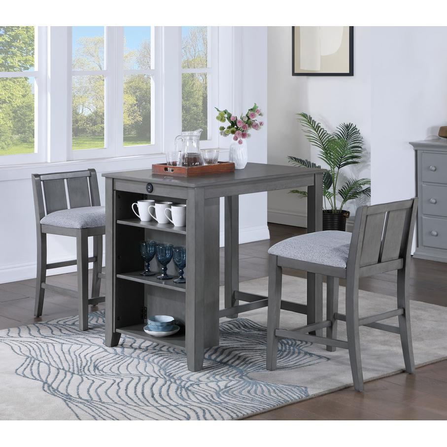 3-Piece Gray Finish Small Space Counter Height Dining Table with Shelves. Picture 4