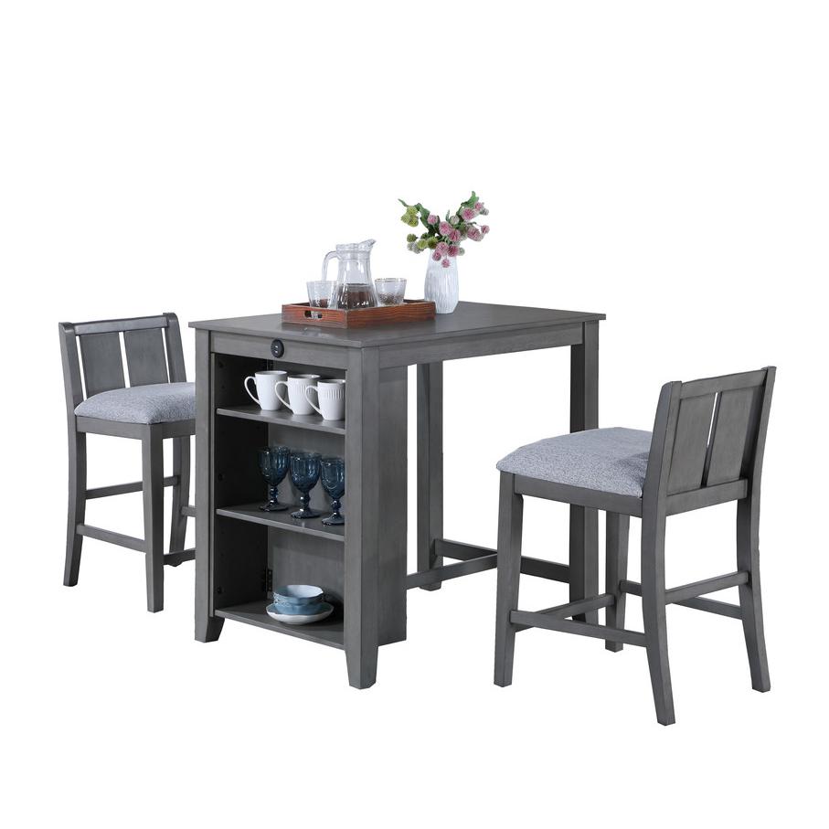 3-Piece Gray Finish Small Space Counter Height Dining Table with Shelves. Picture 1