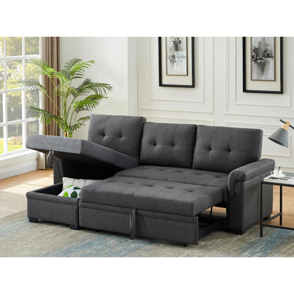 Lucca Dark Gray Linen Reversible Sleeper Sectional Sofa with Storage Chaise. Picture 6