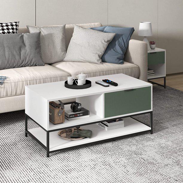 Watson White and Green Wood Coffee Table Steel Frame with Shelves and Drawer. Picture 1