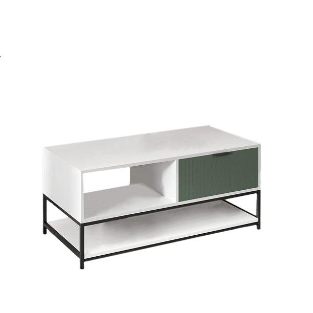 Watson White and Green Wood Coffee Table Steel Frame with Shelves and Drawer. Picture 2