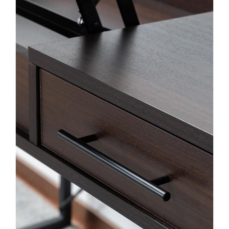 Juno Dark Brown Wood Lift Top Desk with Hidden Storage and Drawer. Picture 10