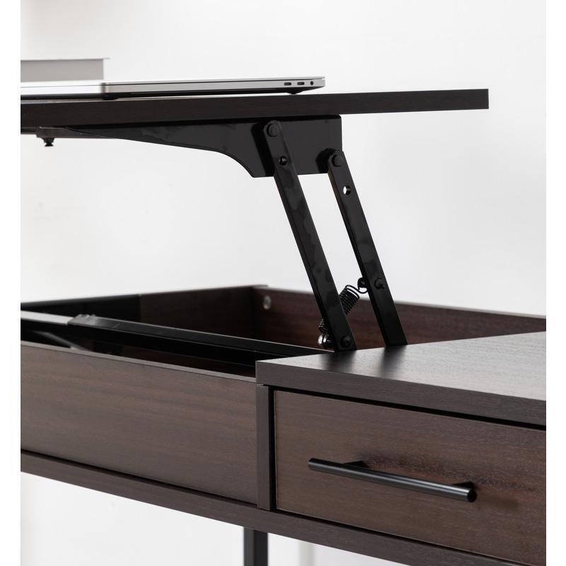 Juno Dark Brown Wood Lift Top Desk with Hidden Storage and Drawer. Picture 7