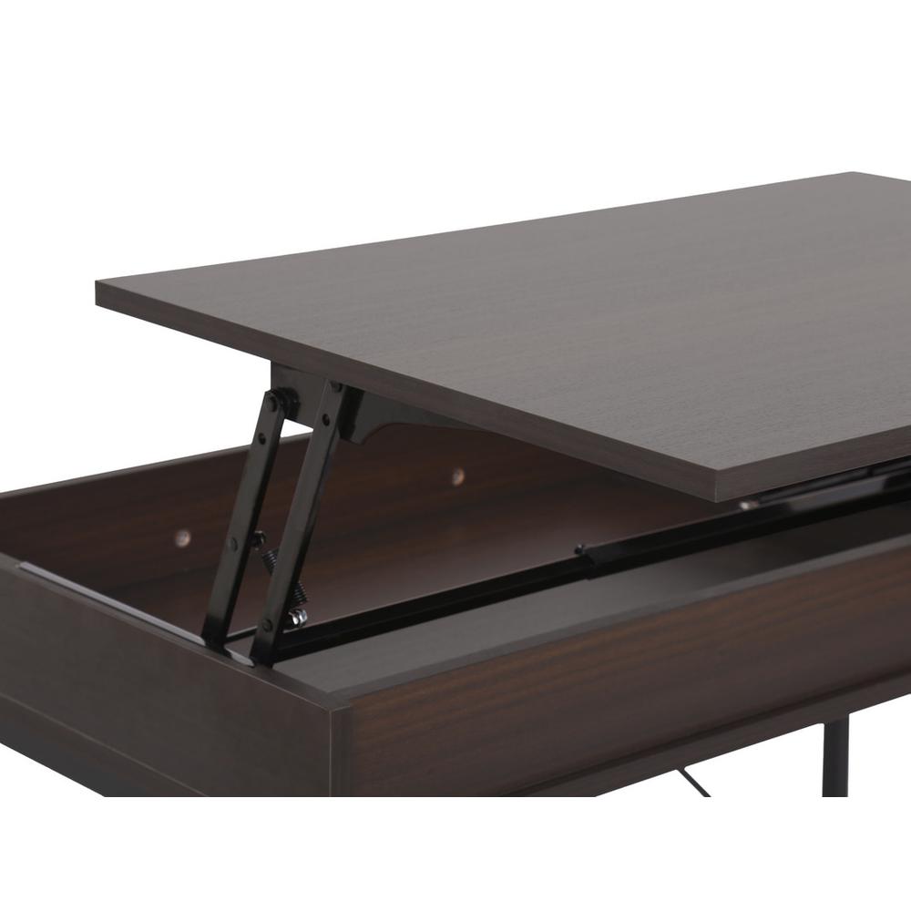 Juno Dark Brown Wood Lift Top Desk with Hidden Storage and Drawer. Picture 9