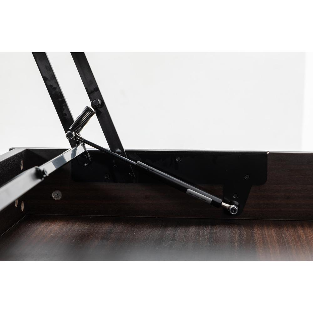 Juno Dark Brown Wood Lift Top Desk with Hidden Storage and Drawer. Picture 8