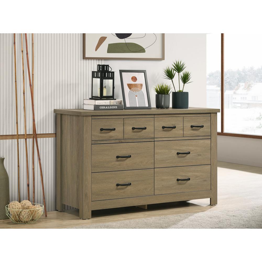 Finn Coffee Gray Oak Finish Dresser with 6 Drawers and Black Handles. Picture 4