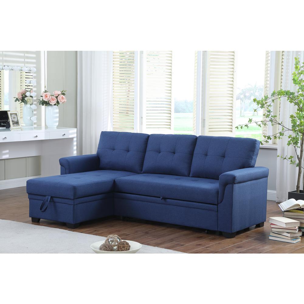 Lucca Blue Linen Reversible Sleeper Sectional Sofa with Storage Chaise. Picture 1