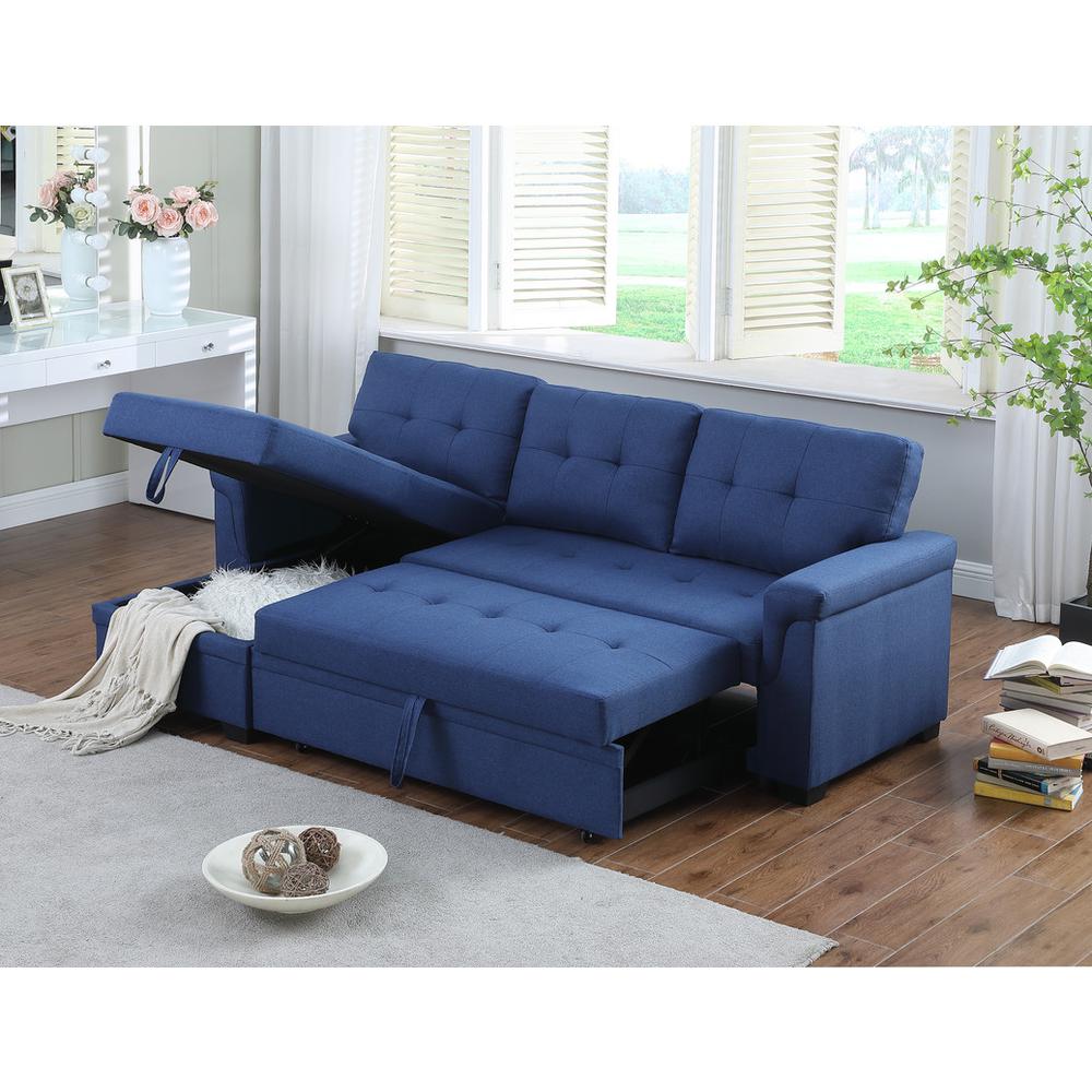 Lucca Blue Linen Reversible Sleeper Sectional Sofa with Storage Chaise. Picture 3