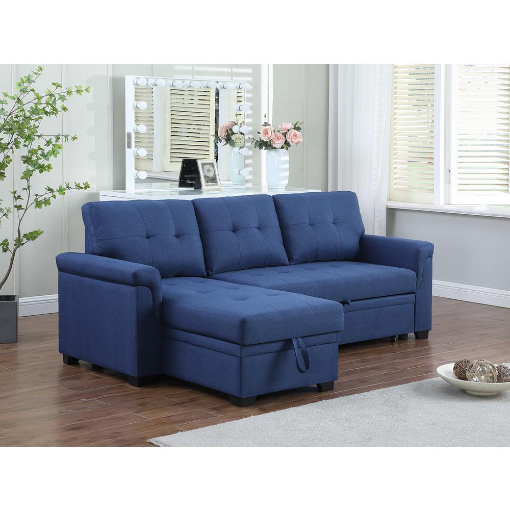 Lucca Blue Linen Reversible Sleeper Sectional Sofa with Storage Chaise. Picture 4