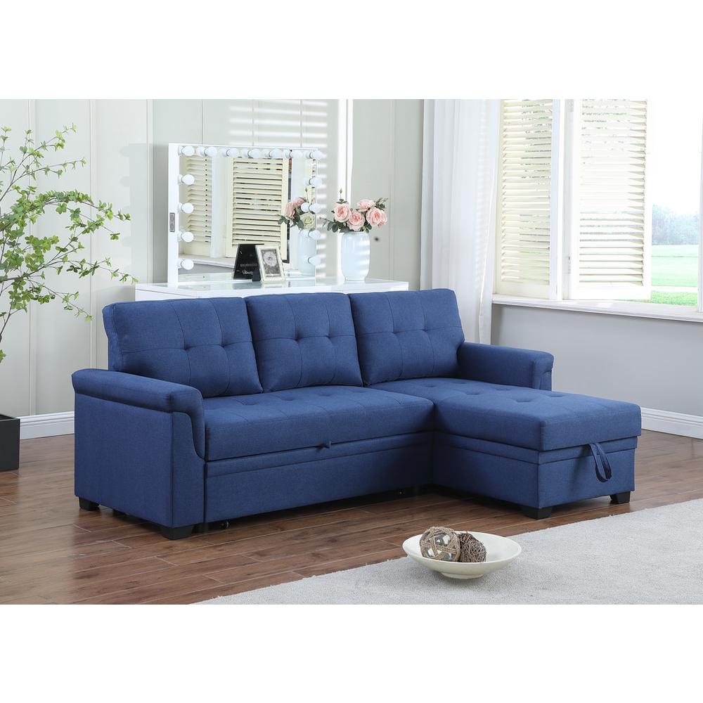 Lucca Blue Linen Reversible Sleeper Sectional Sofa with Storage Chaise. Picture 5