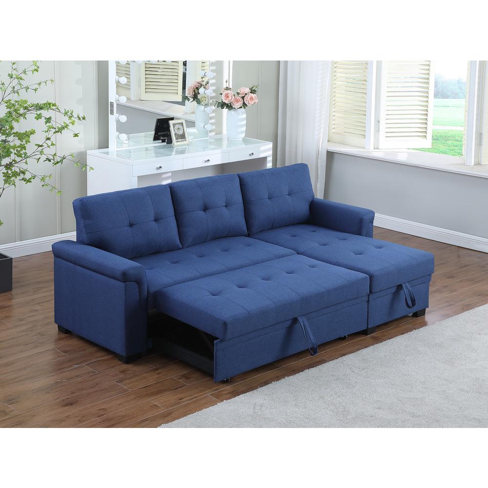 Lucca Blue Linen Reversible Sleeper Sectional Sofa with Storage Chaise. Picture 6