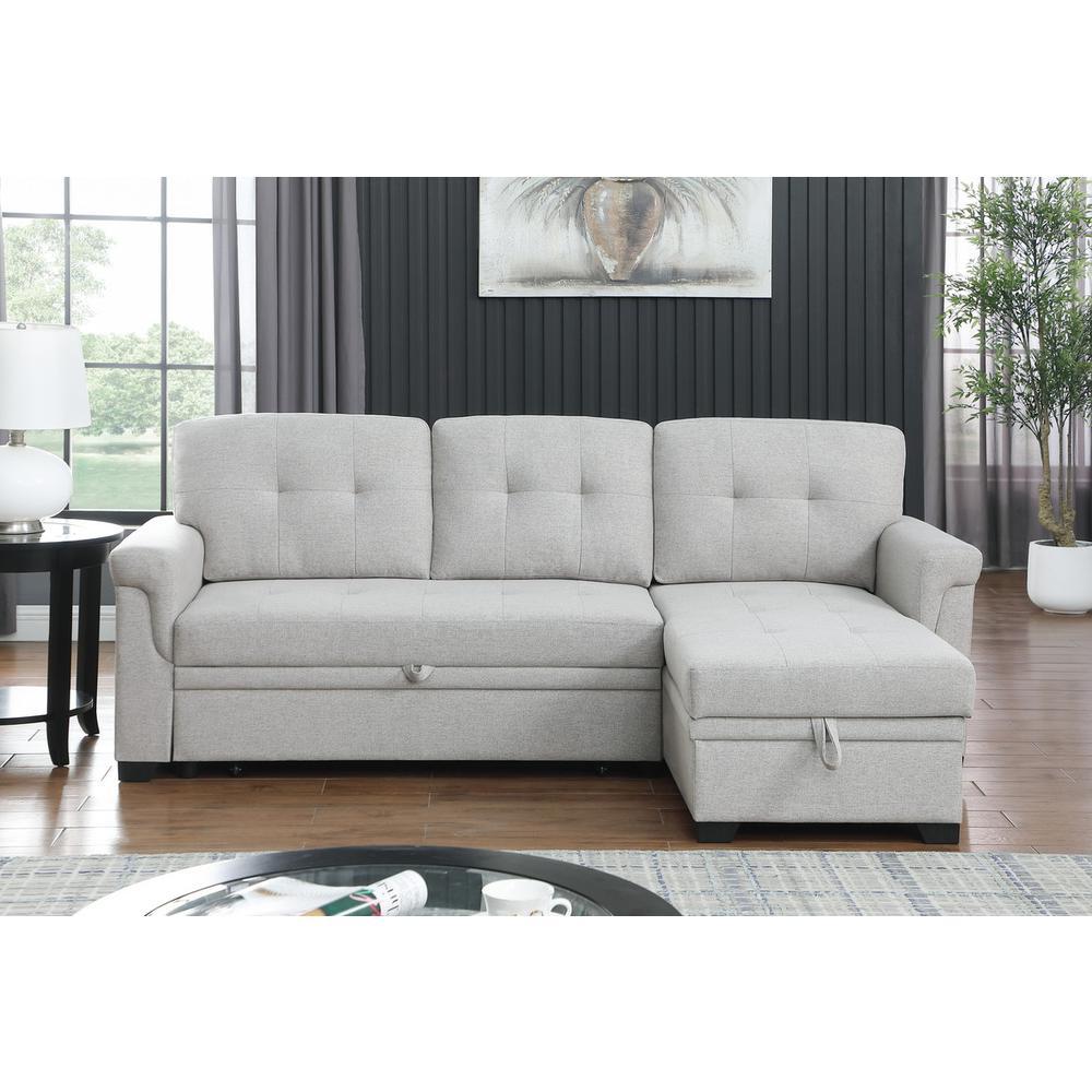Lucca Light Gray Linen Reversible Sleeper Sectional Sofa with Storage Chaise. Picture 3