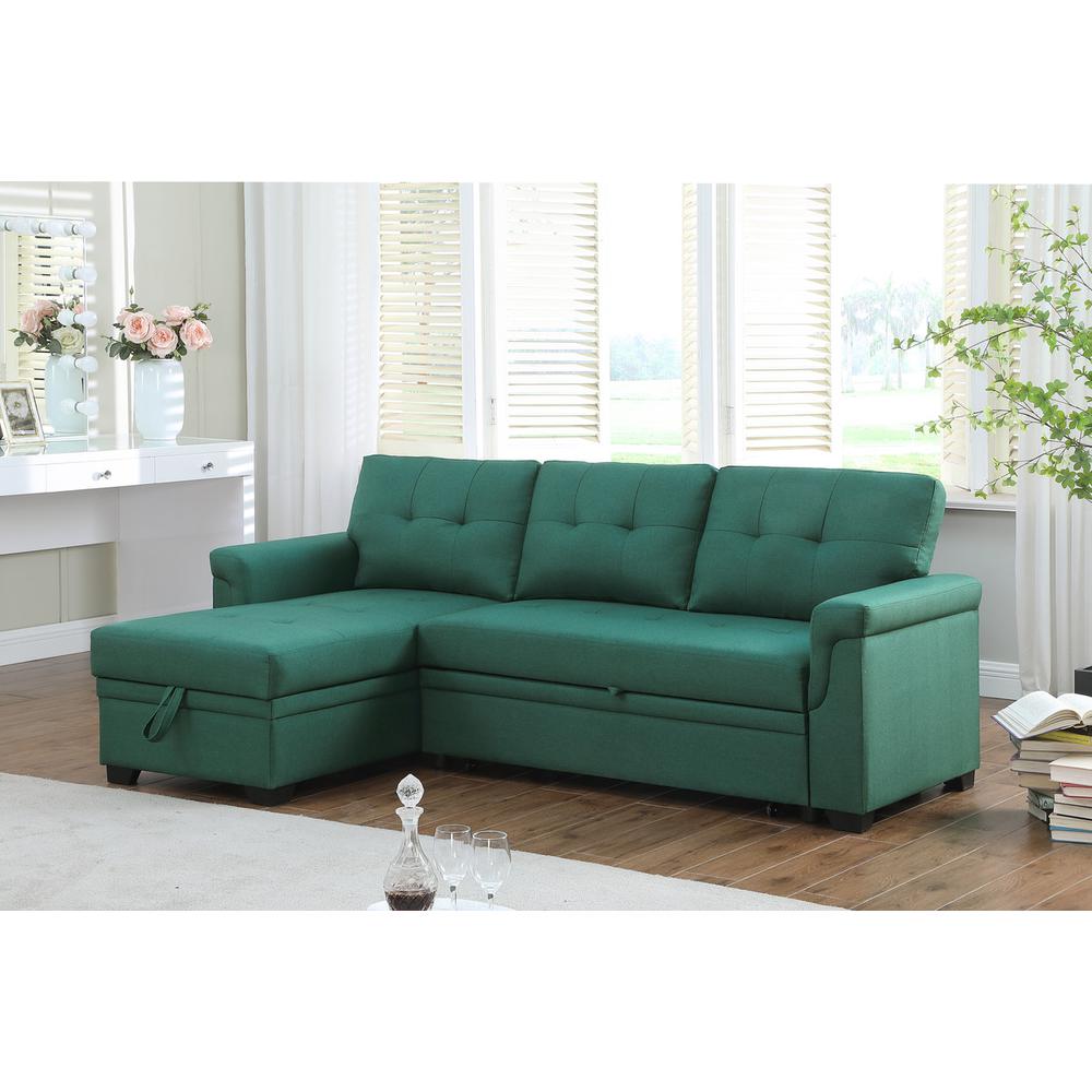 Lucca Green Linen Reversible Sleeper Sectional Sofa with Storage Chaise. Picture 1