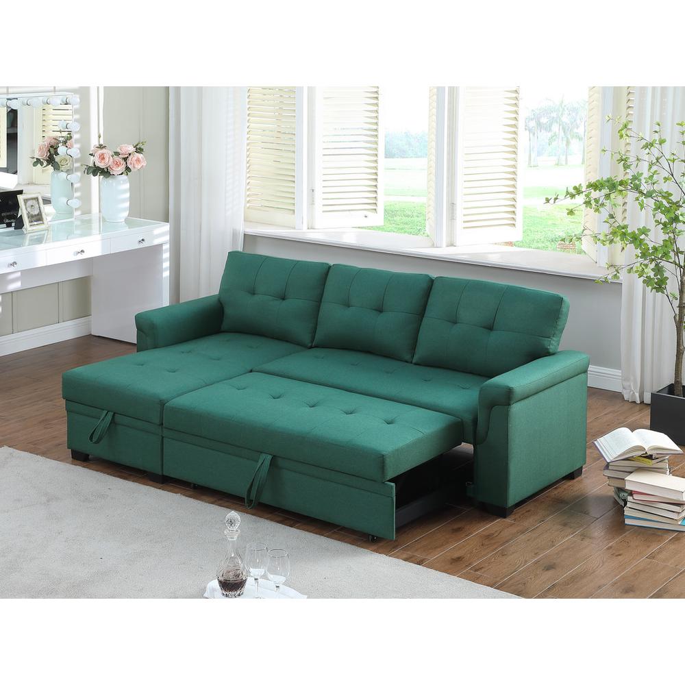 Lucca Green Linen Reversible Sleeper Sectional Sofa with Storage Chaise. Picture 2