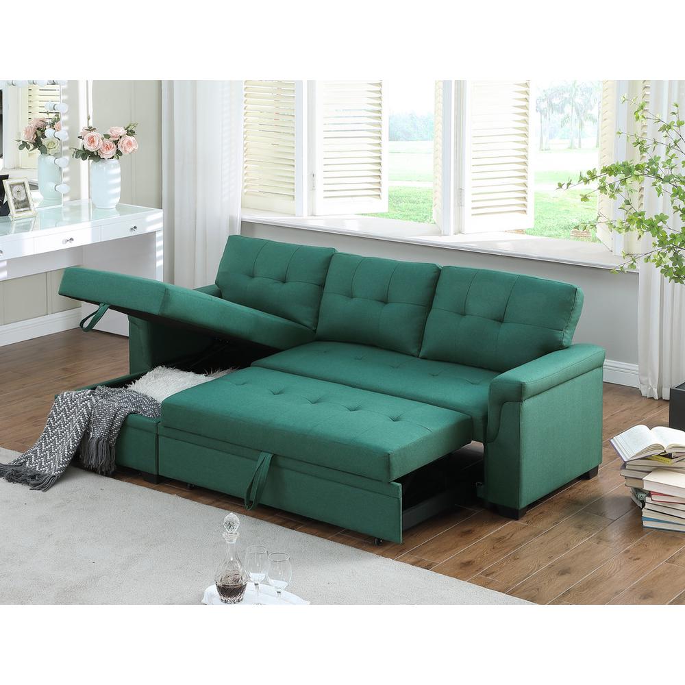 Lucca Green Linen Reversible Sleeper Sectional Sofa with Storage Chaise. Picture 3