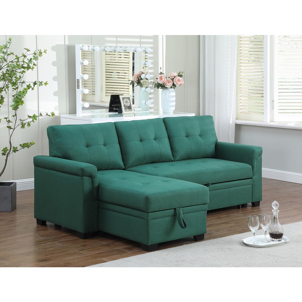 Lucca Green Linen Reversible Sleeper Sectional Sofa with Storage Chaise. Picture 4