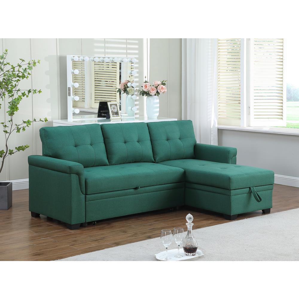 Lucca Green Linen Reversible Sleeper Sectional Sofa with Storage Chaise. Picture 5