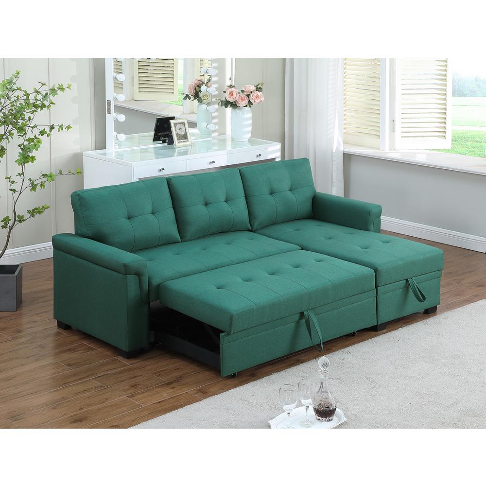 Lucca Green Linen Reversible Sleeper Sectional Sofa with Storage Chaise. Picture 6