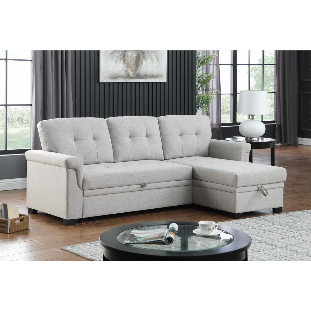 Lucca Light Gray Linen Reversible Sleeper Sectional Sofa with Storage Chaise. Picture 4