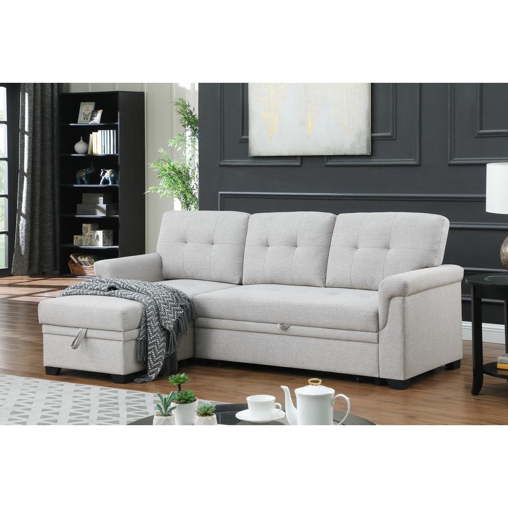 Lucca Light Gray Linen Reversible Sleeper Sectional Sofa with Storage Chaise. Picture 5