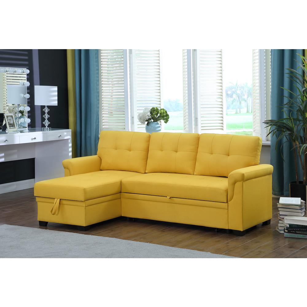 Lucca Yellow Linen Reversible Sleeper Sectional Sofa with Storage Chaise. Picture 1