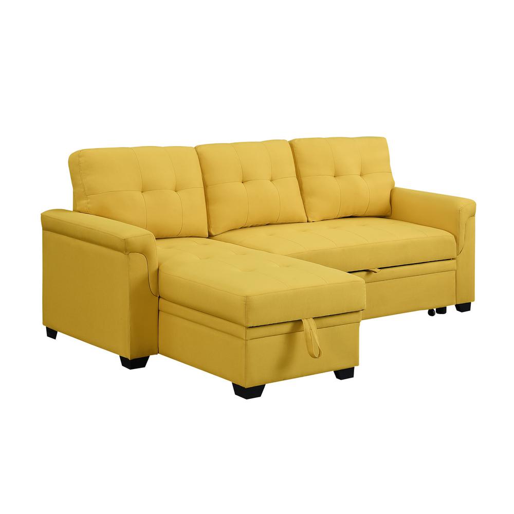 Lucca Yellow Linen Reversible Sleeper Sectional Sofa with Storage Chaise. Picture 3
