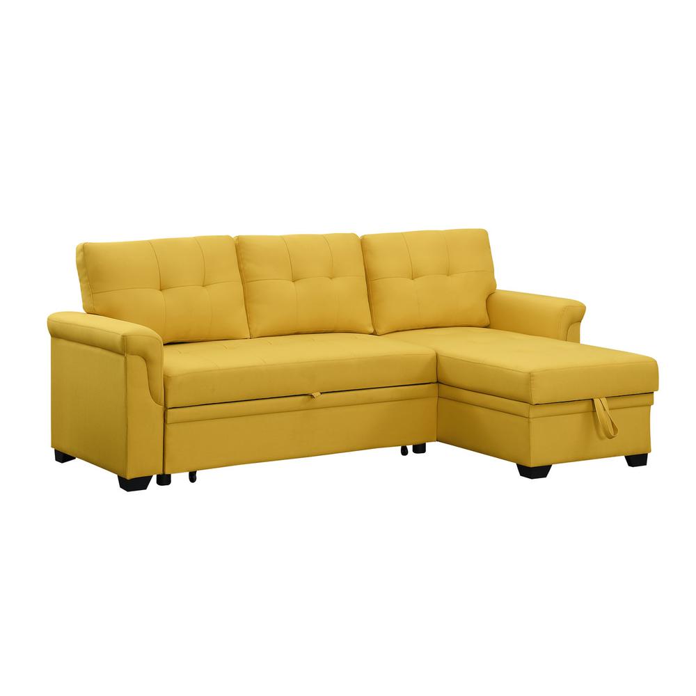 Lucca Yellow Linen Reversible Sleeper Sectional Sofa with Storage Chaise. Picture 5