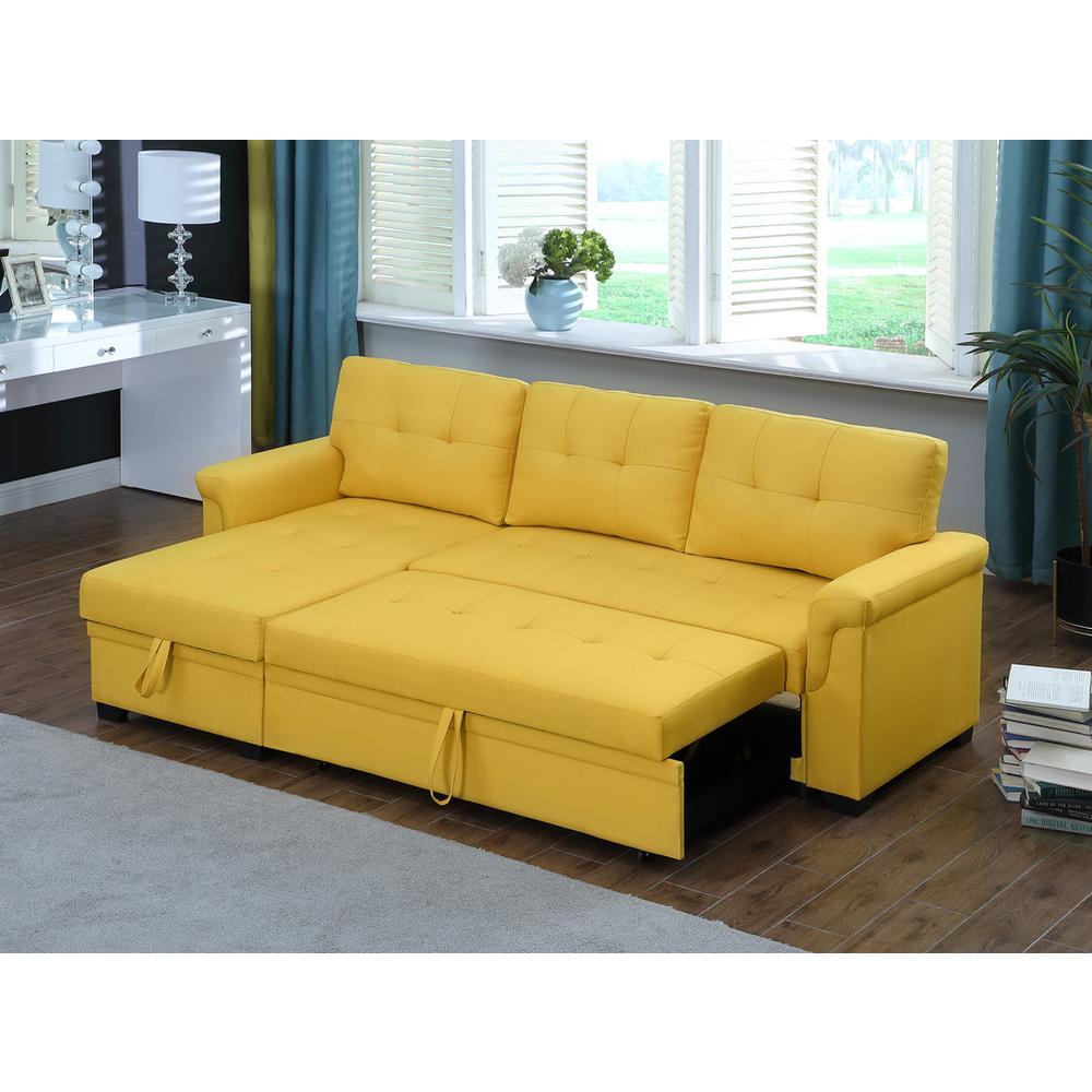 Lucca Yellow Linen Reversible Sleeper Sectional Sofa with Storage Chaise. Picture 6