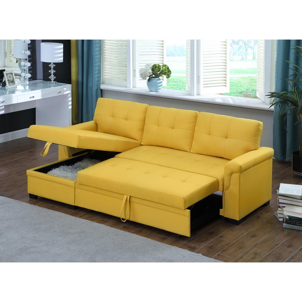 Lucca Yellow Linen Reversible Sleeper Sectional Sofa with Storage Chaise. Picture 3
