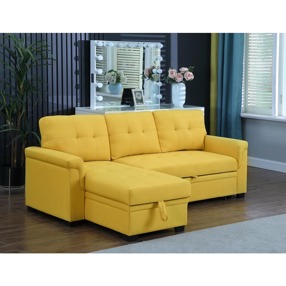 Lucca Yellow Linen Reversible Sleeper Sectional Sofa with Storage Chaise. Picture 4