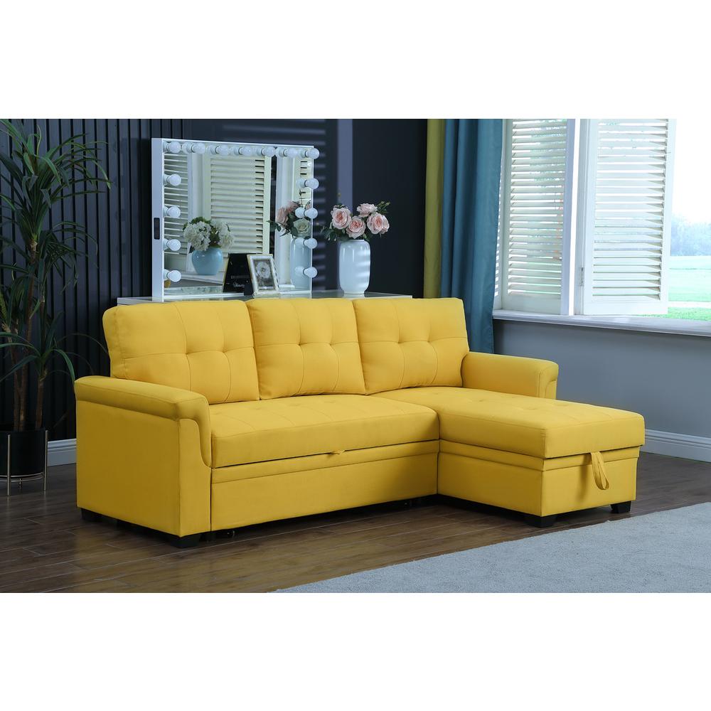 Lucca Yellow Linen Reversible Sleeper Sectional Sofa with Storage Chaise. Picture 5