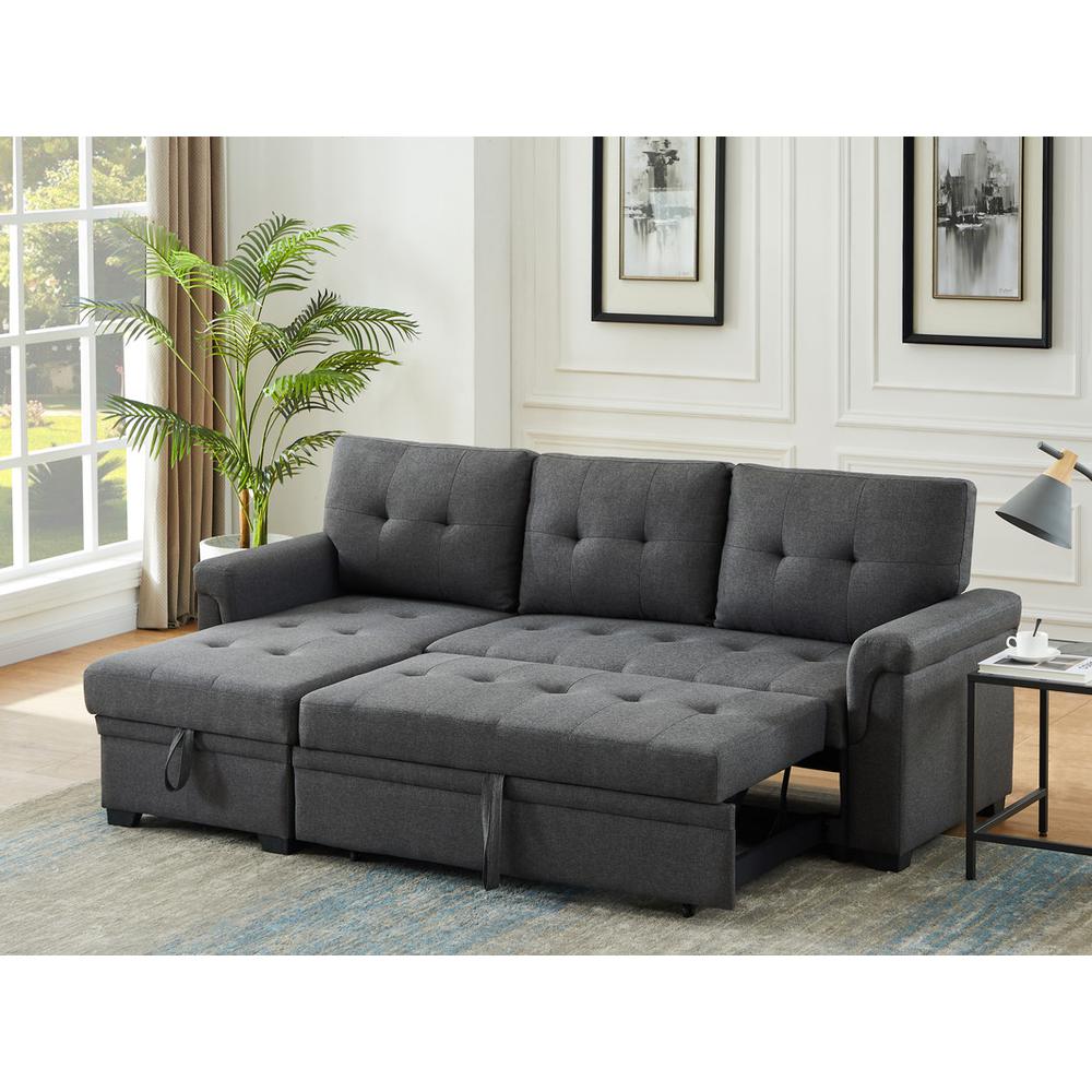 Lucca Dark Gray Linen Reversible Sleeper Sectional Sofa with Storage Chaise. Picture 2