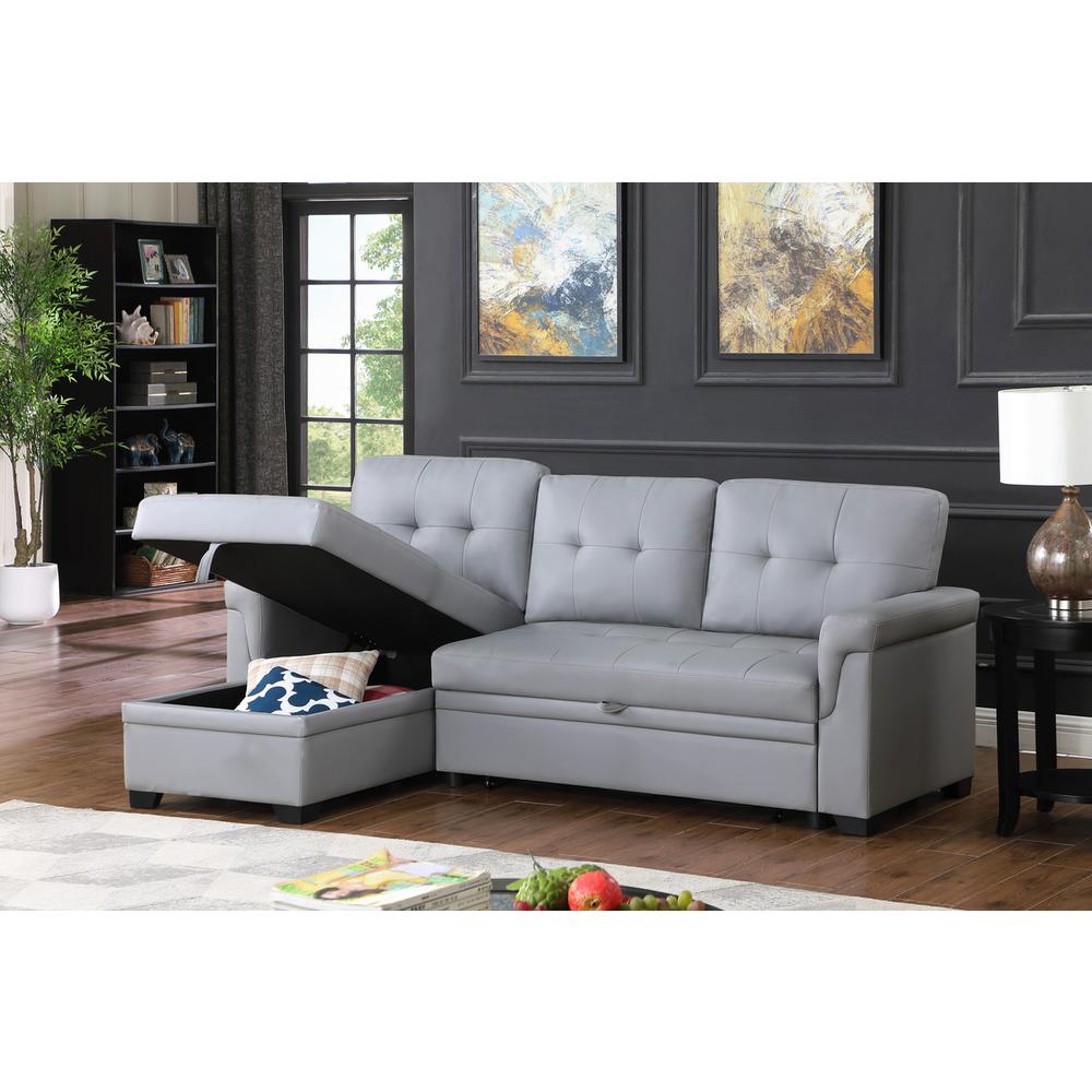 Lexi Gray Synthetic Leather Modern Reversible Sleeper Sectional Sofa with Storage Chaise. Picture 6