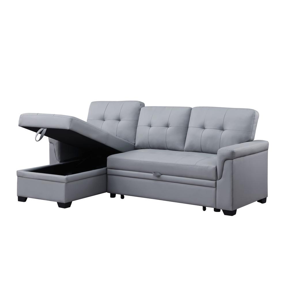 Lexi Gray Synthetic Leather Modern Reversible Sleeper Sectional Sofa with Storage Chaise. Picture 7