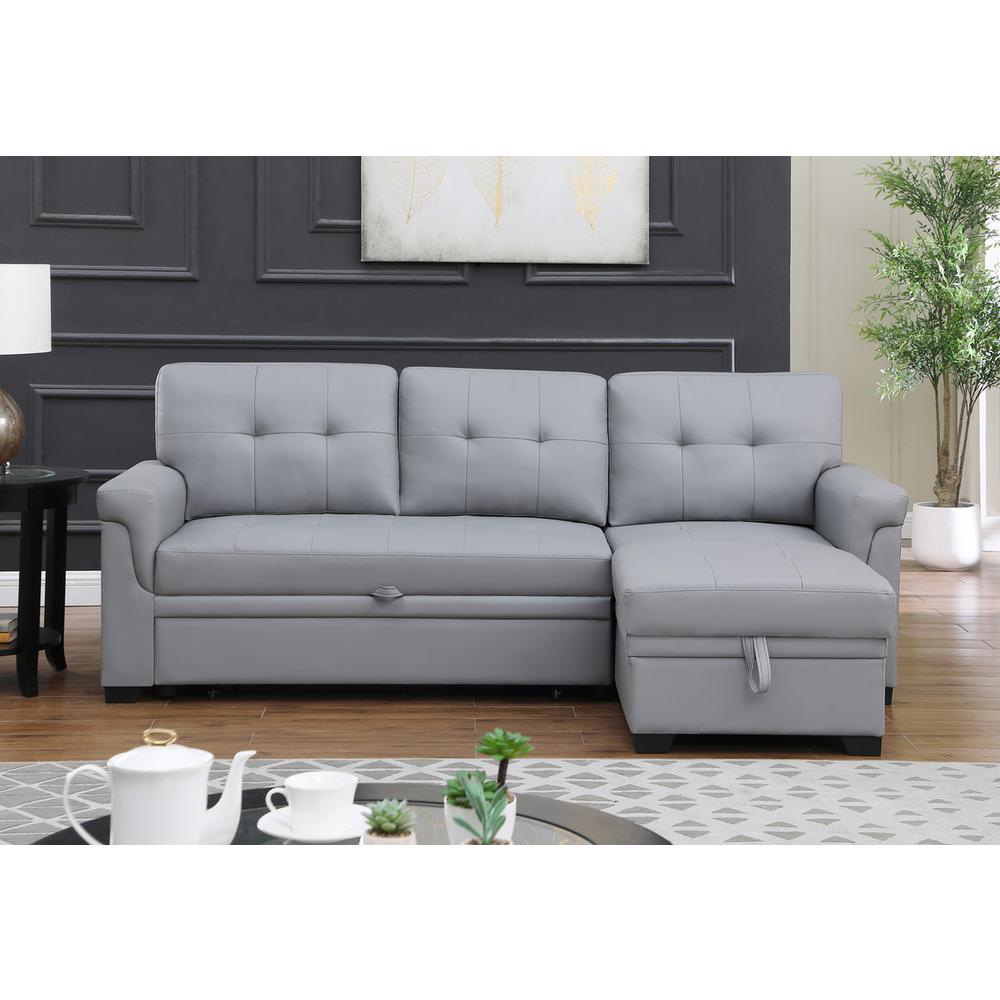 Lexi Gray Synthetic Leather Modern Reversible Sleeper Sectional Sofa with Storage Chaise. Picture 3