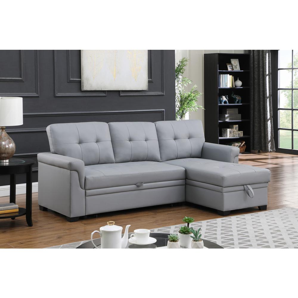 Lexi Gray Synthetic Leather Modern Reversible Sleeper Sectional Sofa with Storage Chaise. Picture 1
