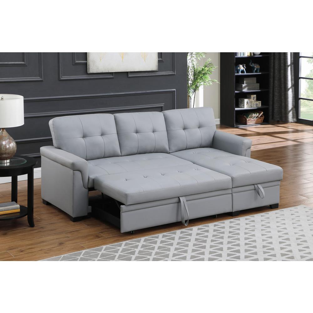 Lexi Gray Synthetic Leather Modern Reversible Sleeper Sectional Sofa with Storage Chaise. Picture 4