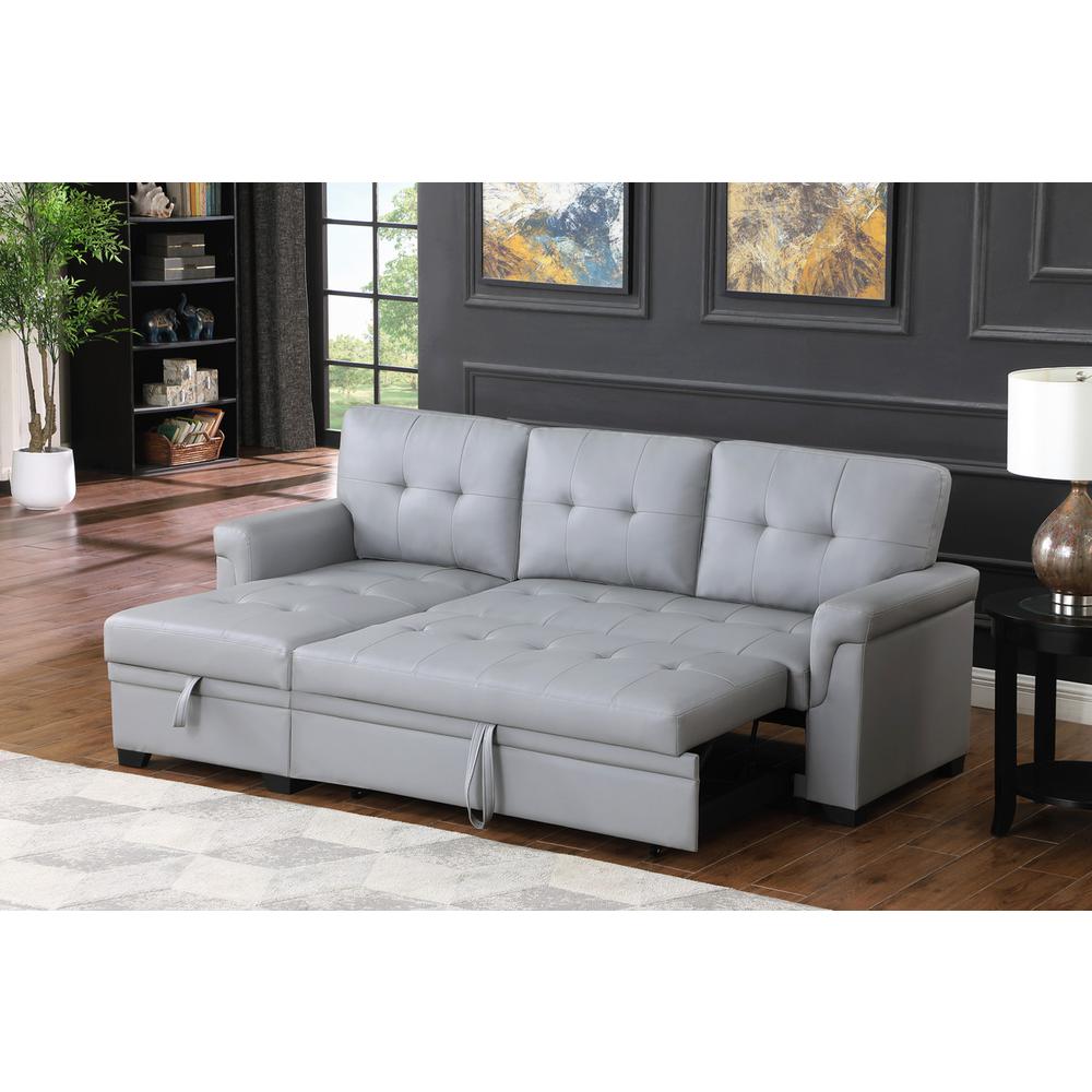 Lexi Gray Synthetic Leather Modern Reversible Sleeper Sectional Sofa with Storage Chaise. Picture 5