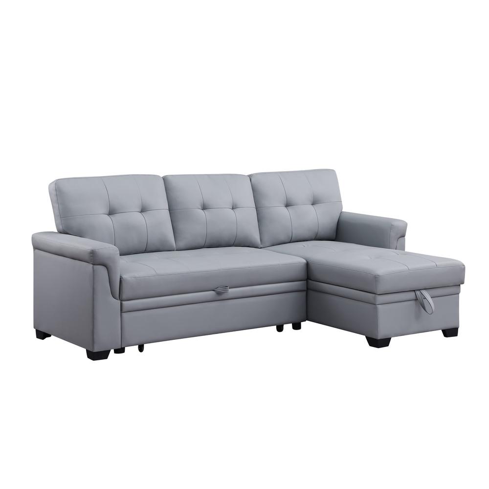Lexi Gray Synthetic Leather Modern Reversible Sleeper Sectional Sofa with Storage Chaise. Picture 2