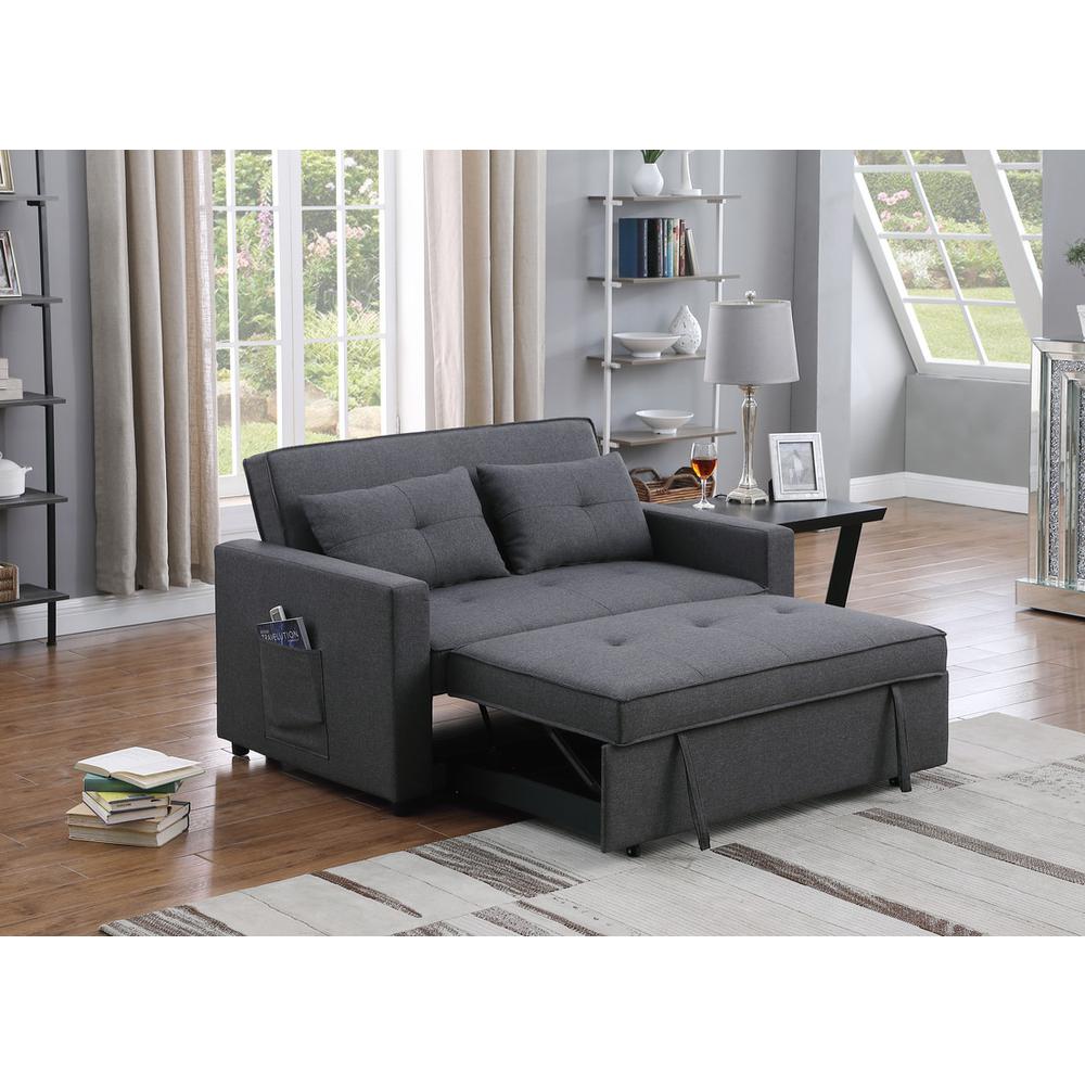 Zoey Dark Gray Linen Convertible Sleeper Loveseat with Side Pocket. Picture 4