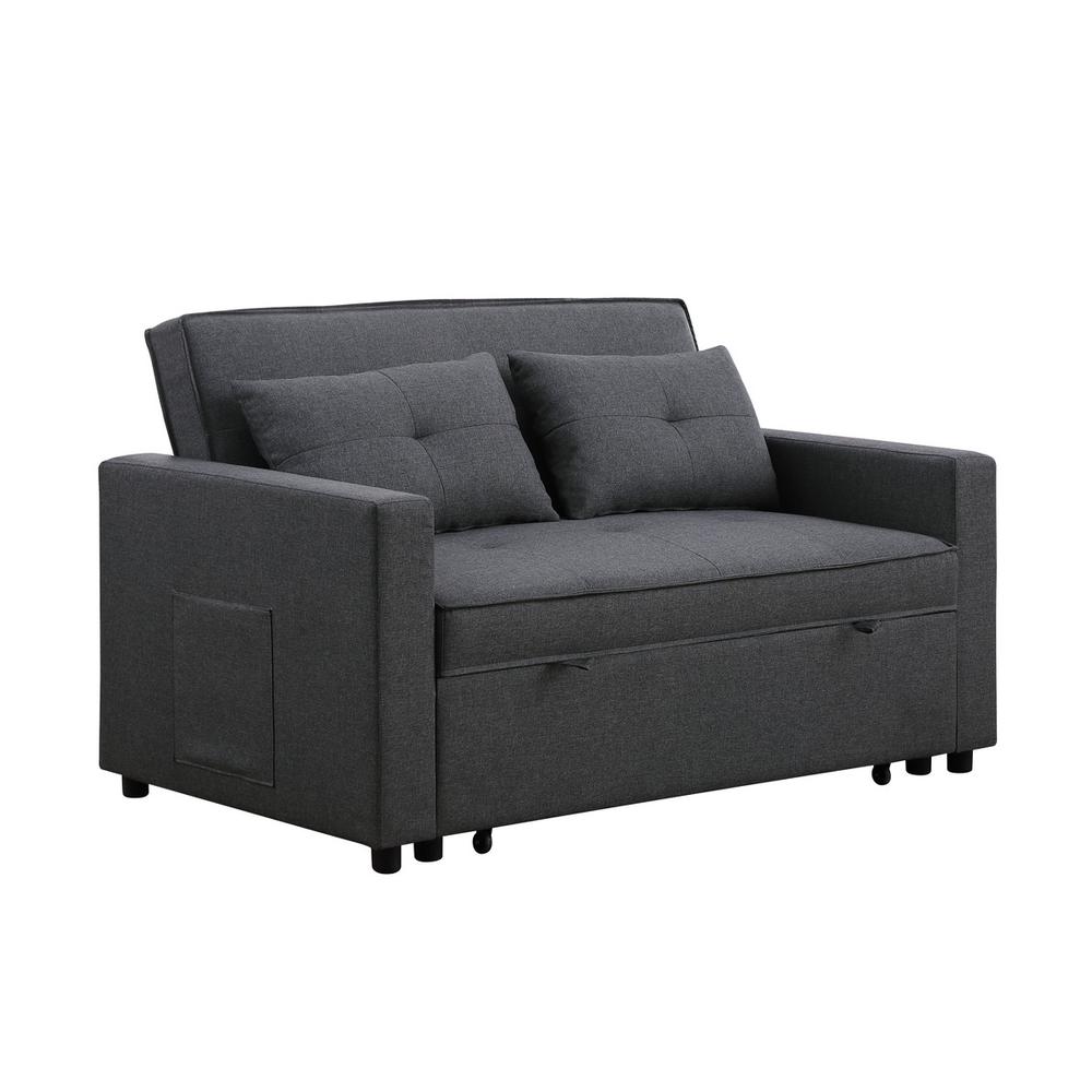 Zoey Dark Gray Linen Convertible Sleeper Loveseat with Side Pocket. Picture 1