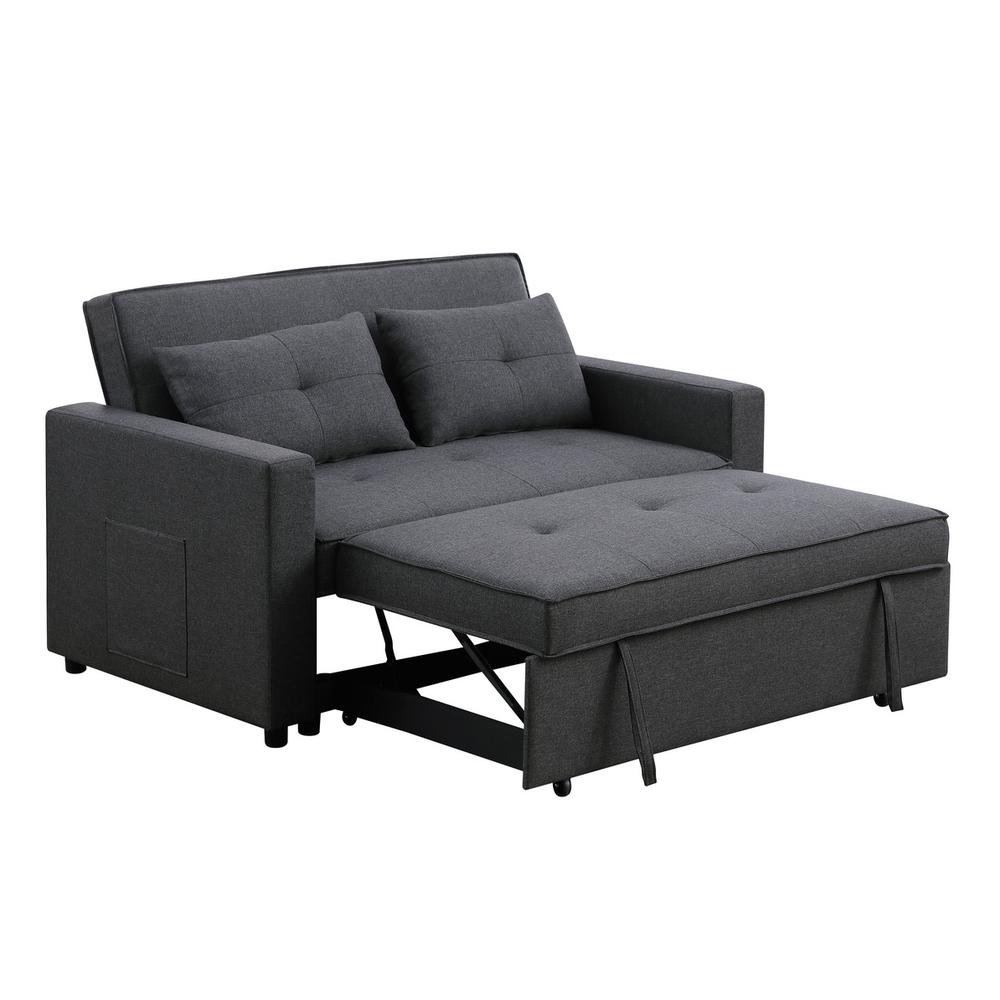 Zoey Dark Gray Linen Convertible Sleeper Loveseat with Side Pocket. Picture 2