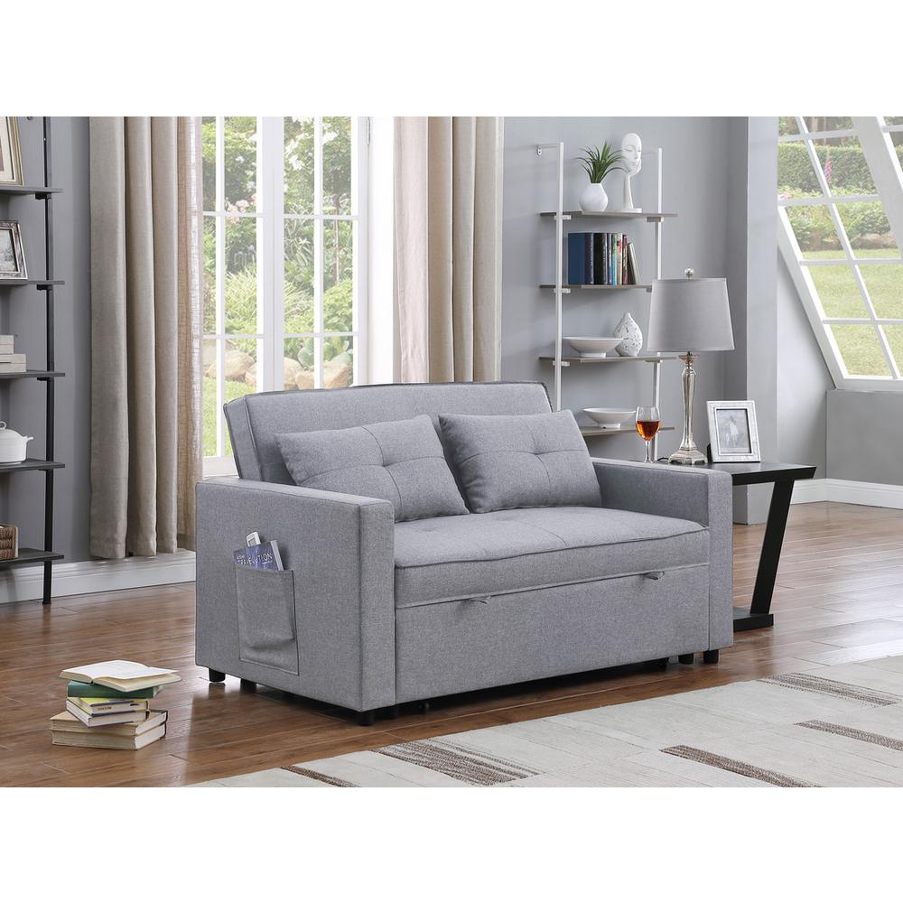 Zoey Light Gray Linen Convertible Sleeper Loveseat with Side Pocket. Picture 6